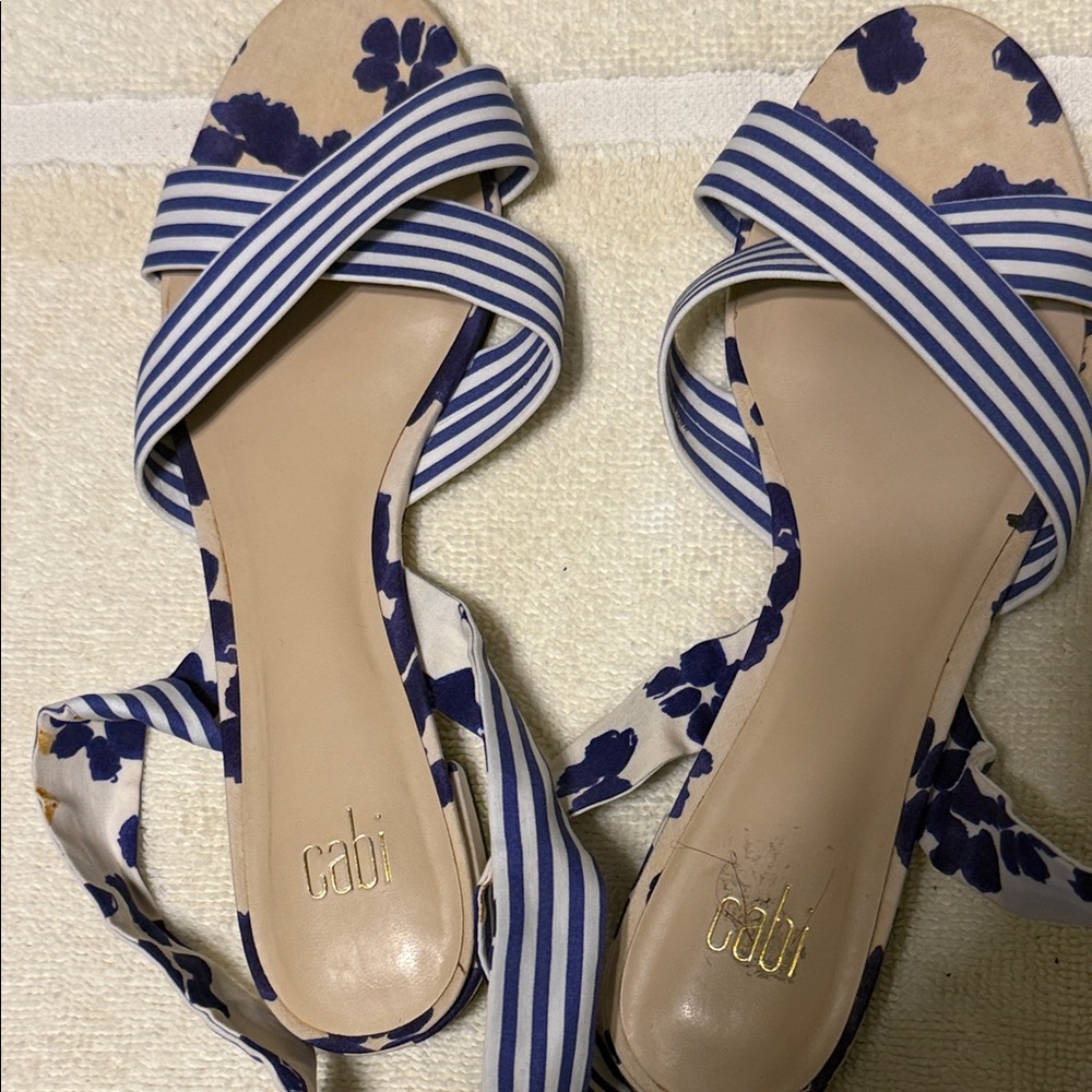 CAbi Navy and White Striped Floral Sandals